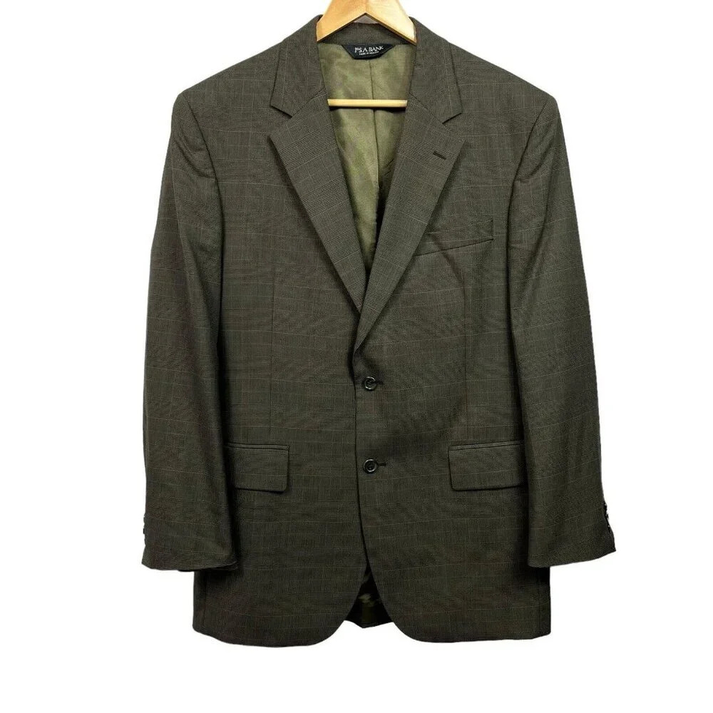 Jos A Bank Mens Brown Plaid Wool Notch Lapel 2 Button Blazer Jacket 40R *READ*